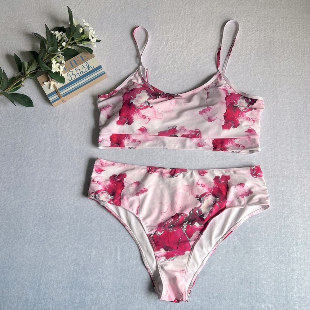 Two Pieces Pink Marble Print Bikinis Swimsuit Bandeau Push Up High Waist U-Neck